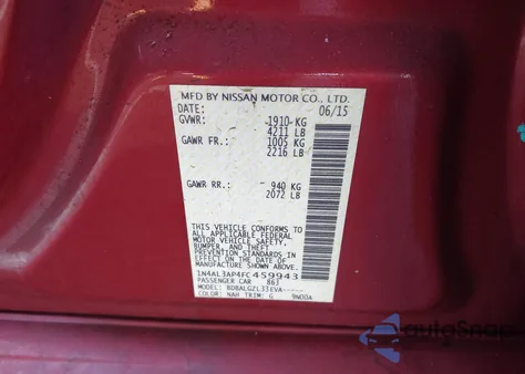 2015 Nissan Altima 2.5/2.5 S/2.5 Sl/2.5 Sv z USA, uszkodzony, nr VIN 1N4AL3AP4FC459943